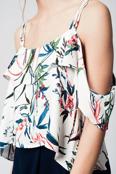 top with cold shoulder and blue leaves print - Shirts