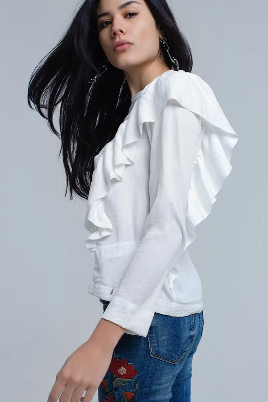 Top with ruffle detail in cream - Shirts
