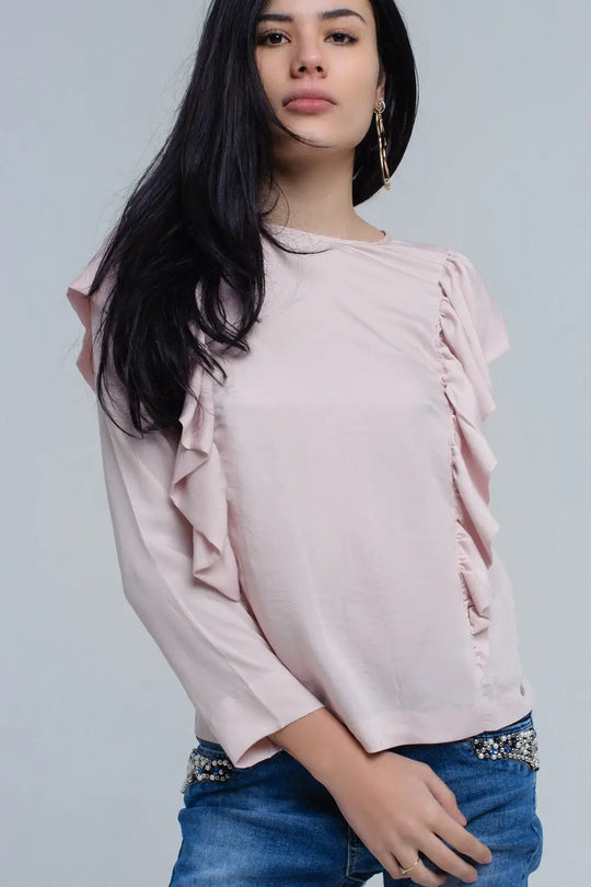 Top with ruffle detail in pale pink - Shirts