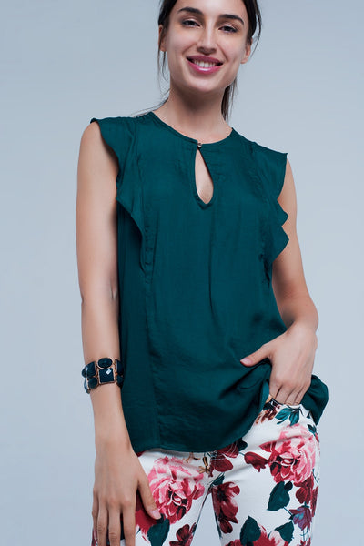 Top with ruffles in dark green