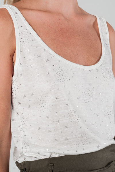 Top with printed silver stars in white