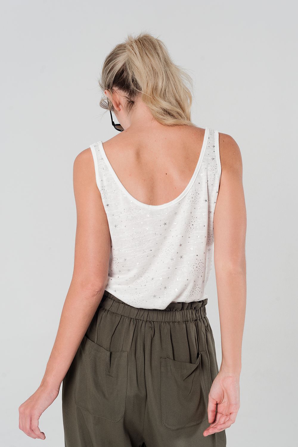 Top with printed silver stars in white