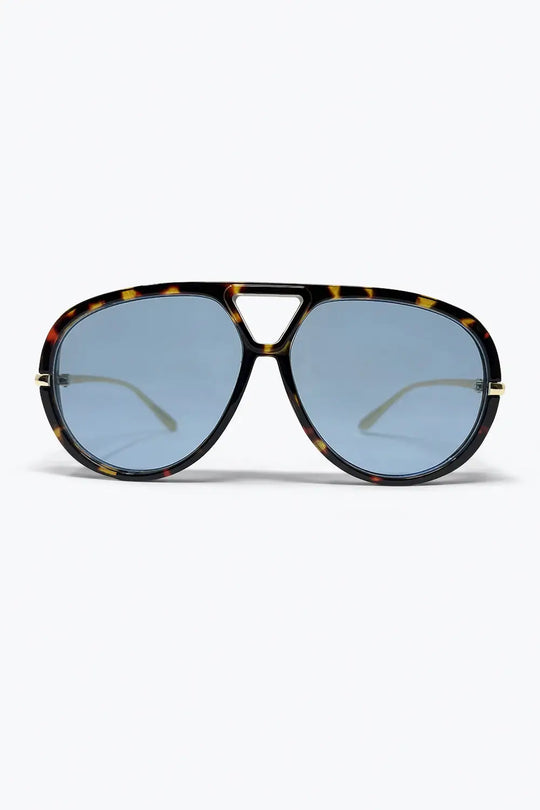 Q2 Tortoiseshell Frame Blue Lens Oversized Sunglasses
