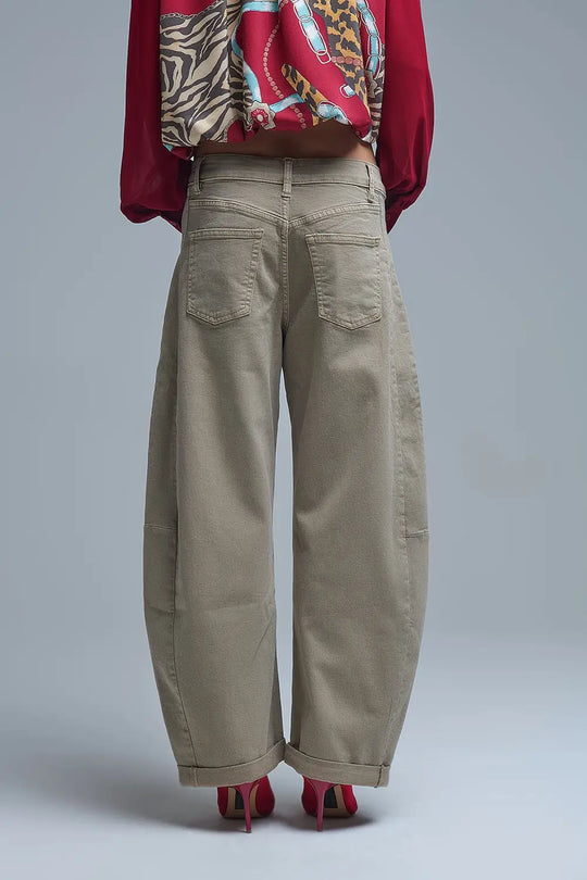 Trendy Beige Barrel Balloon Jeans with Pockets - Jeans
