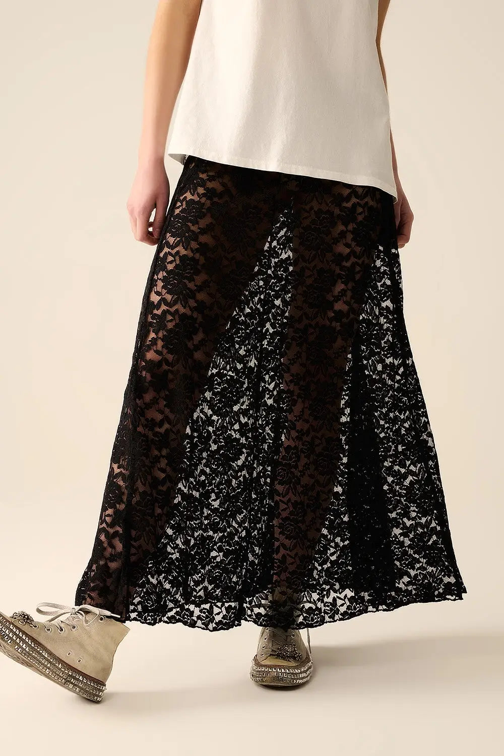 Q2 trendy black lace long skirt