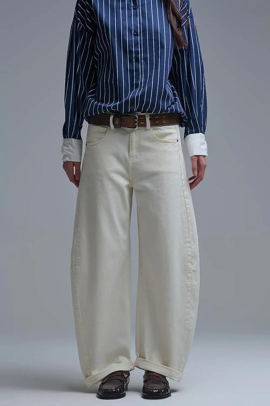 Q2 Trendy Cream Barrel Balloon Jeans with Pockets