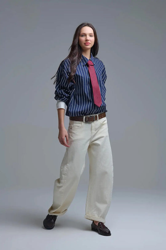 Trendy Cream Barrel Balloon Jeans with Pockets - Jeans
