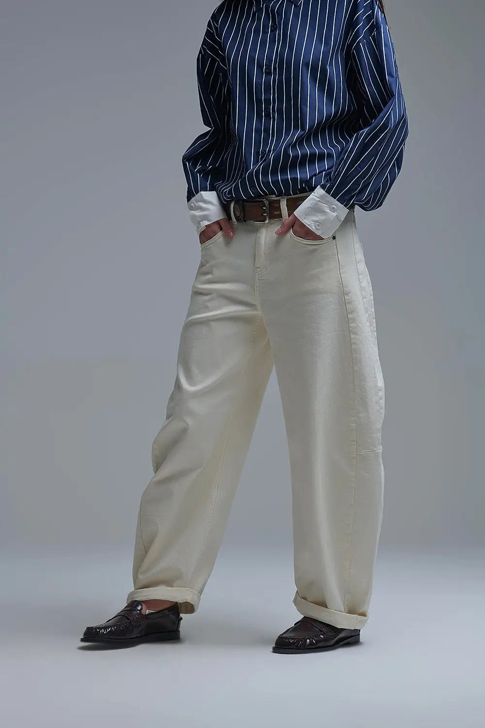 Trendy Cream Barrel Balloon Jeans with Pockets - Jeans