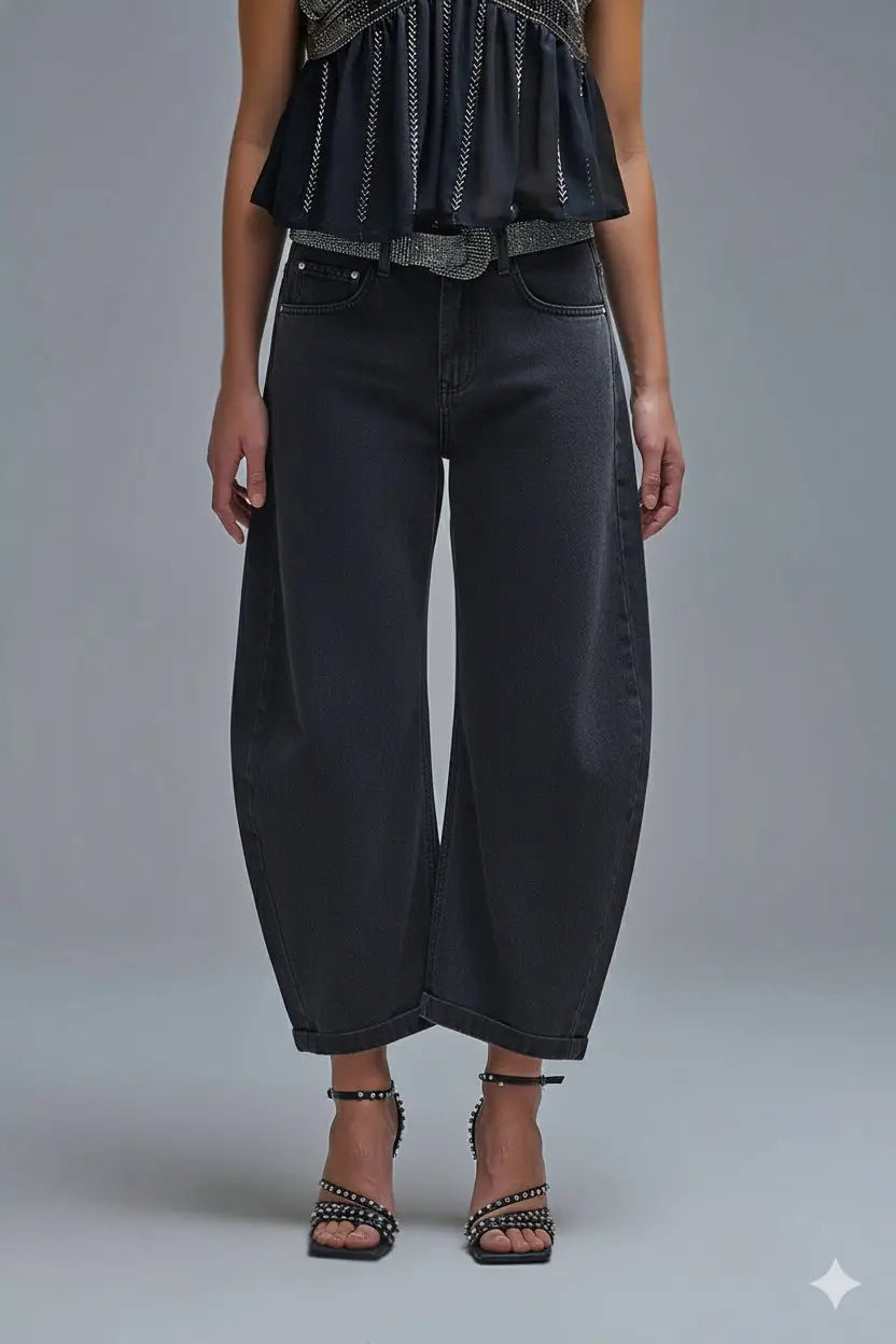 Q2 Trendy Gray Barrel Balloon Jeans with Pockets