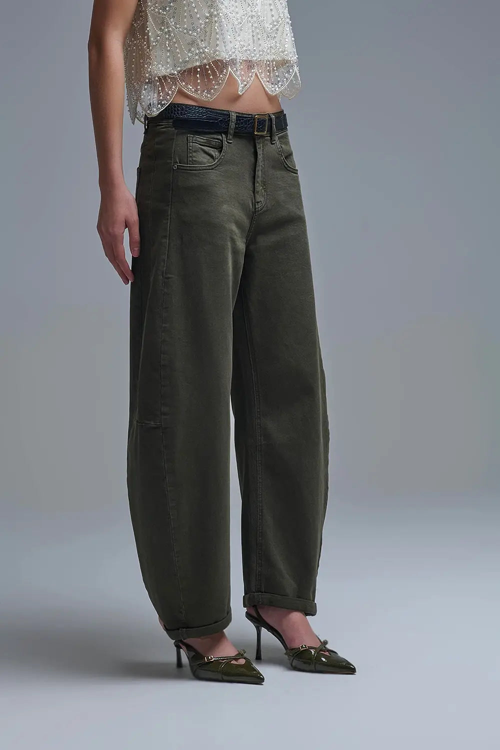 Q2 Trendy Green Barrel Balloon Jeans with Pockets