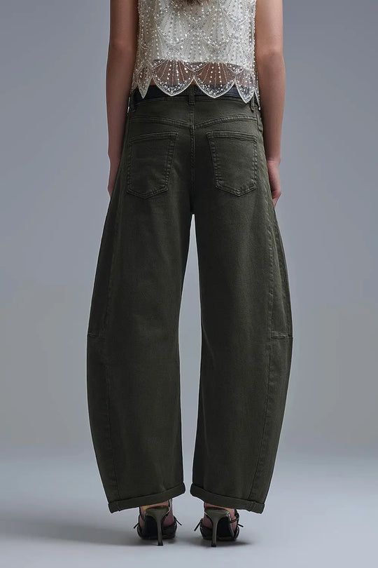 Trendy Green Barrel Balloon Jeans with Pockets - Jeans