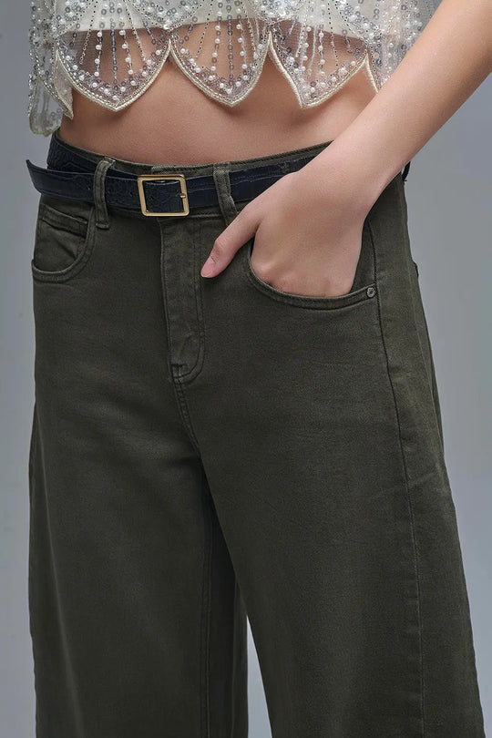 Trendy Green Barrel Balloon Jeans with Pockets - Jeans