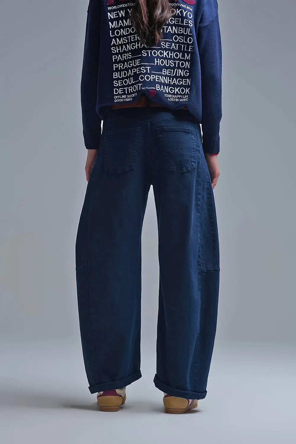 Trendy Navy Barrel Balloon Jeans with Pockets - Jeans