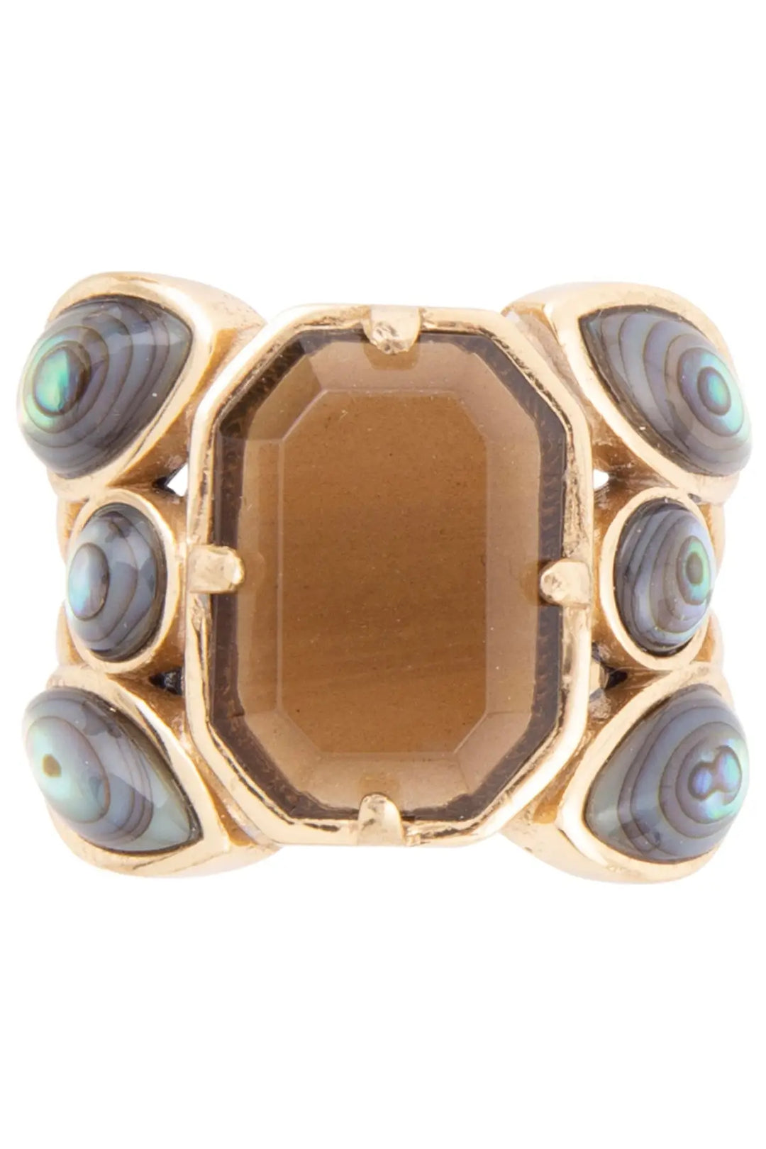 Tribecca Smoky Brown Quartz and Abalone Statement Golden Ring - Rings