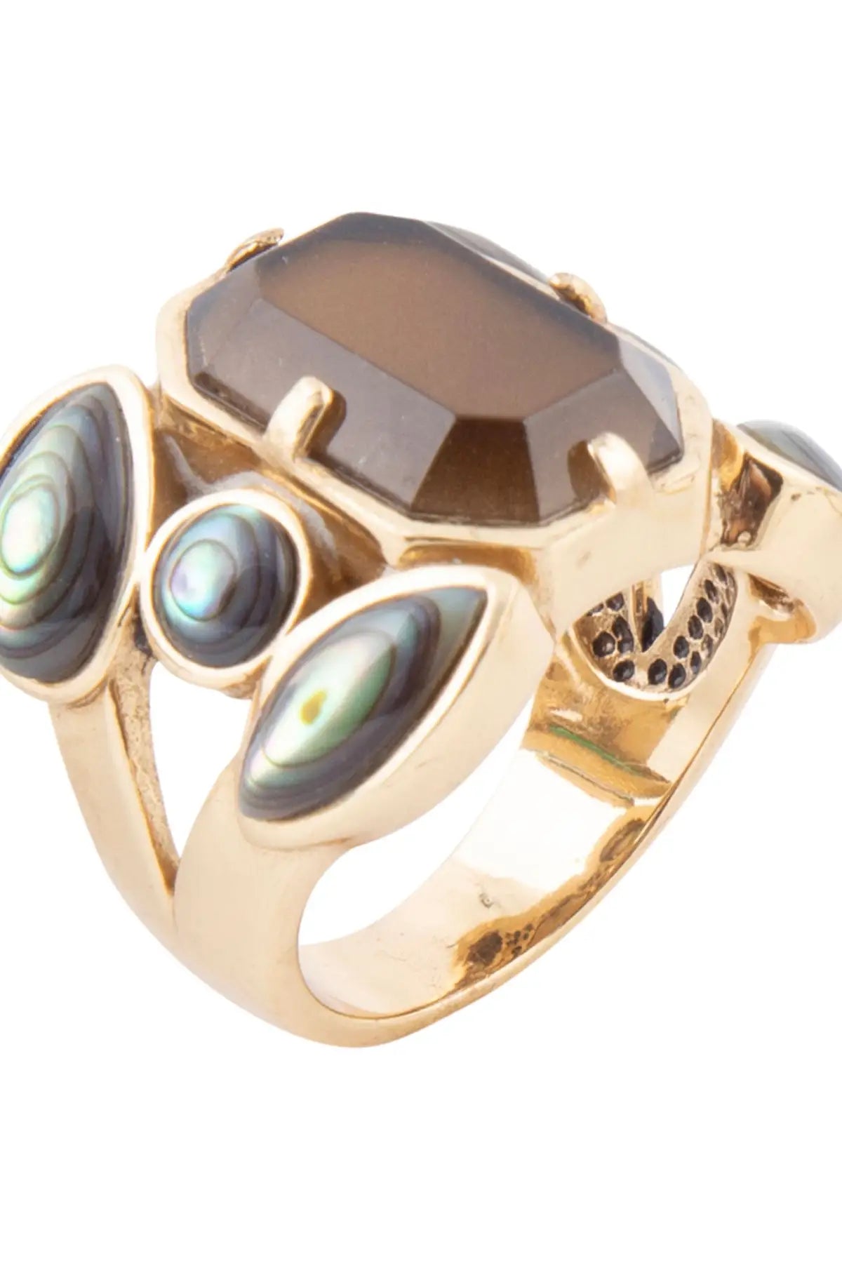 Tribecca Smoky Brown Quartz and Abalone Statement Golden Ring - Rings
