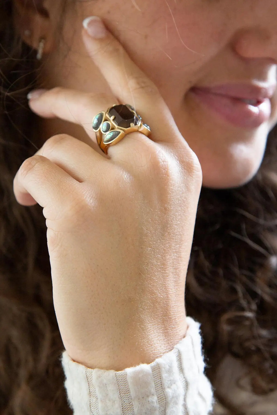 Tribecca Smoky Brown Quartz and Abalone Statement Golden Ring - Rings