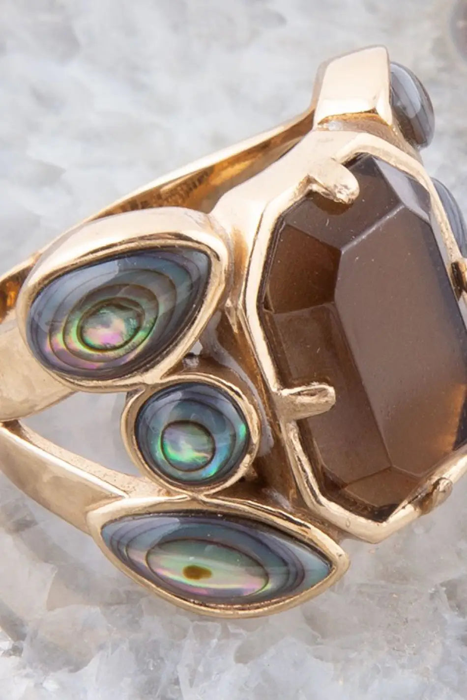 Tribecca Smoky Brown Quartz and Abalone Statement Golden Ring - Rings