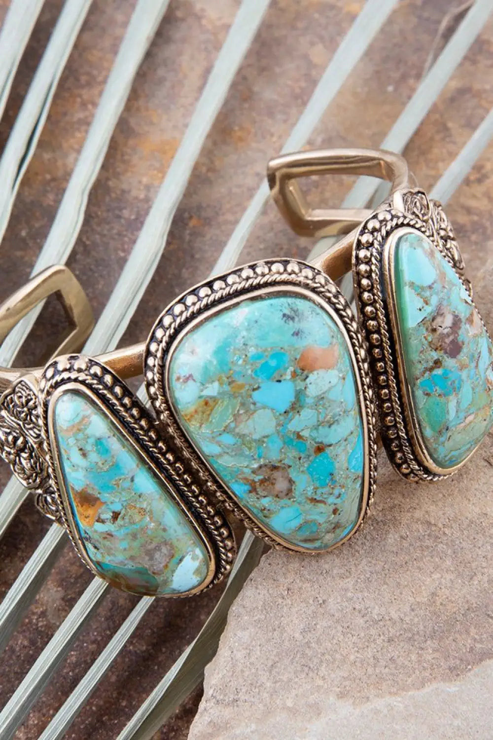 Trio Blue Turquoise Golden Cuff Bracelet - Bracelets