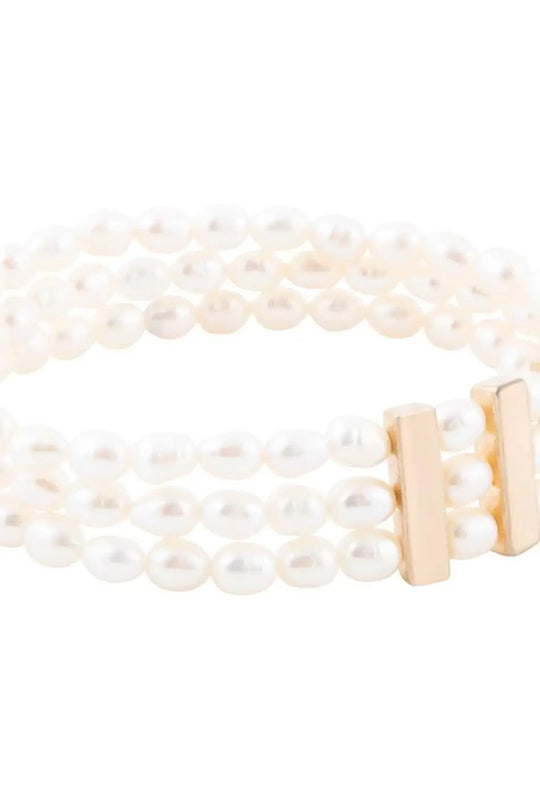 Triple Freshwater White Pearl Classic Golden Stretch Bracelet - Bracelets