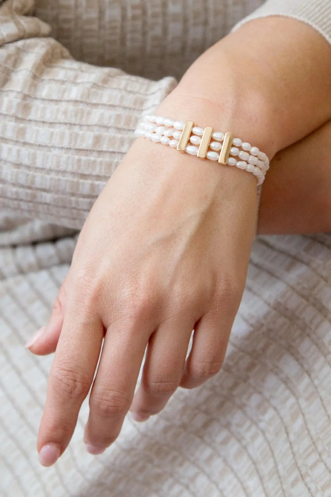 Triple Freshwater White Pearl Classic Golden Stretch Bracelet - Bracelets