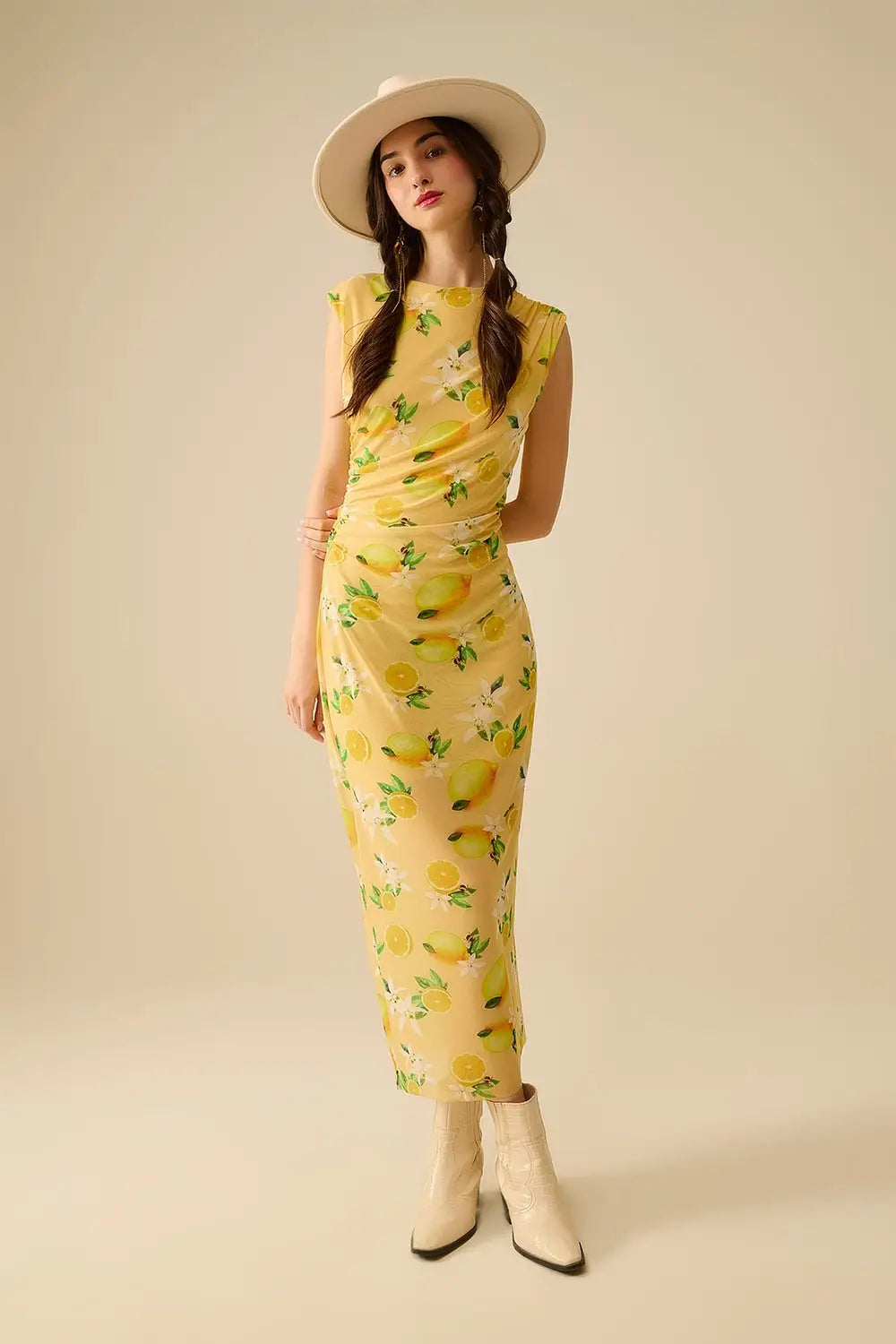 Tulle Dress With Side Rouching in Yellow Lemon Print - Dresses