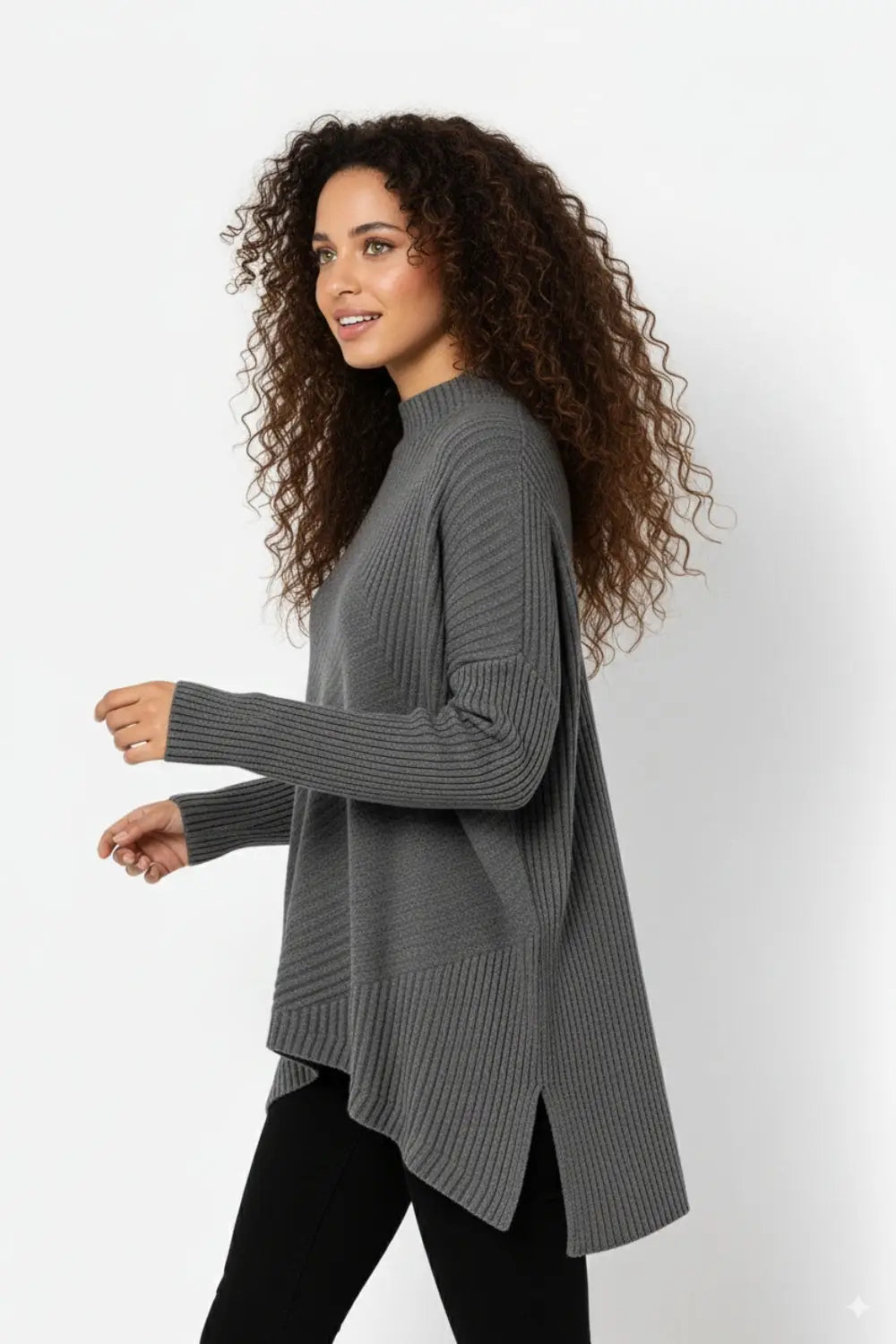 Tunique en tricot gris à maille côtelée asymétrique - One Size / grise