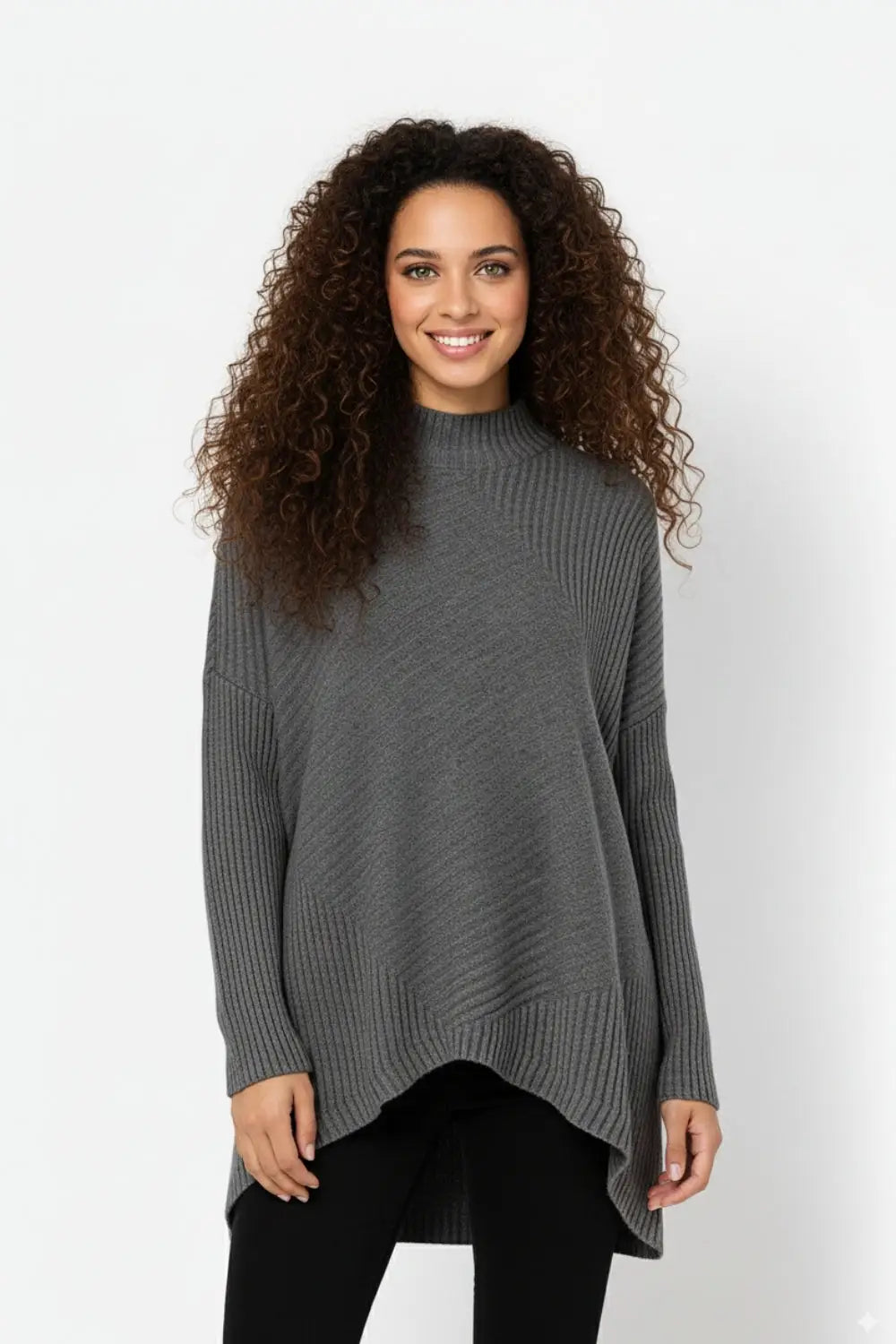 Tunique en tricot gris à maille côtelée asymétrique - One Size / grise