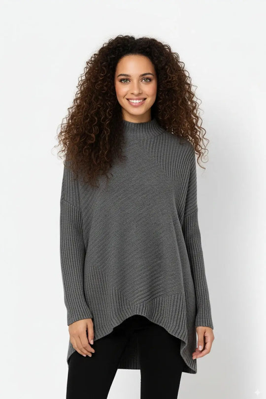Tunique en tricot gris à maille côtelée asymétrique - One Size / grise