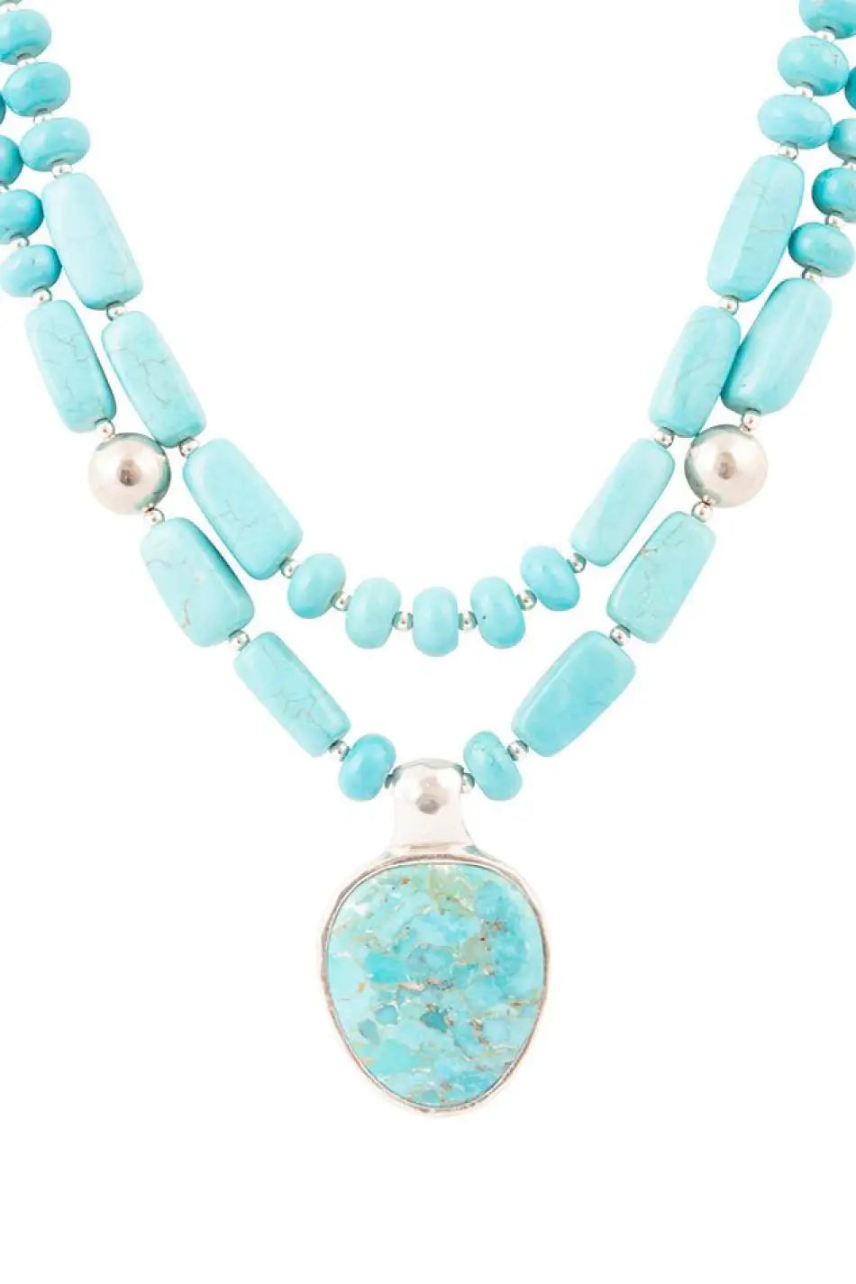 Double Stranded Blue Turquoise Sterling Silver Statement Pendant Necklace - Necklaces