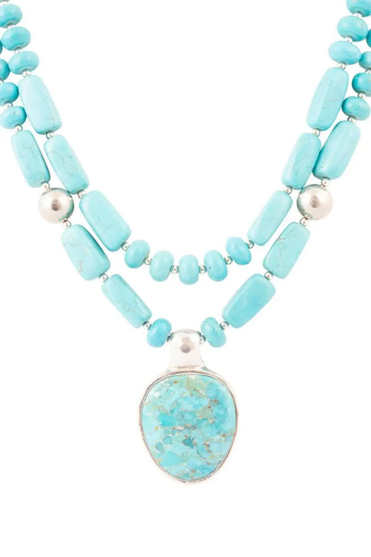 Double Stranded Blue Turquoise Sterling Silver Statement Pendant Necklace - Necklaces