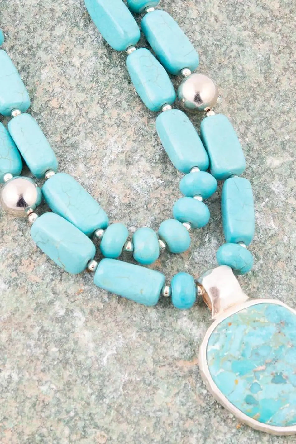 Double Stranded Blue Turquoise Sterling Silver Statement Pendant Necklace - Necklaces
