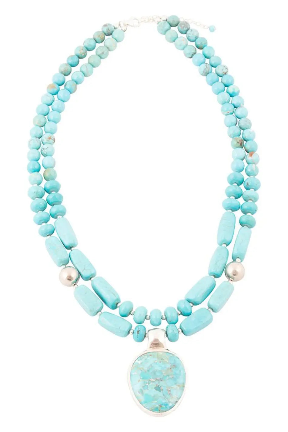 Double Stranded Blue Turquoise Sterling Silver Statement Pendant Necklace - Necklaces