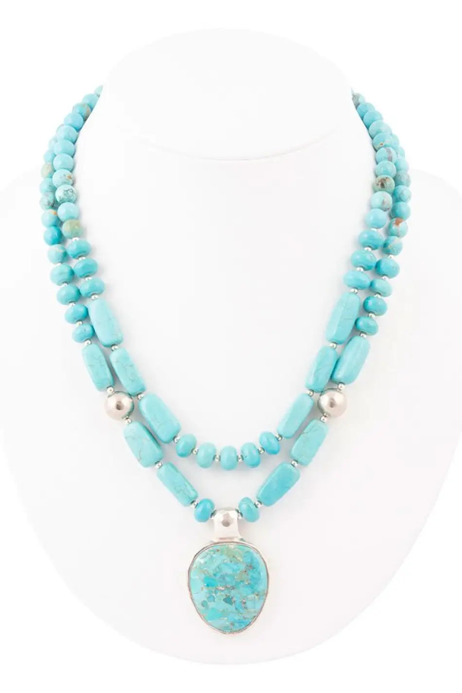 Double Stranded Blue Turquoise Sterling Silver Statement Pendant Necklace - Necklaces
