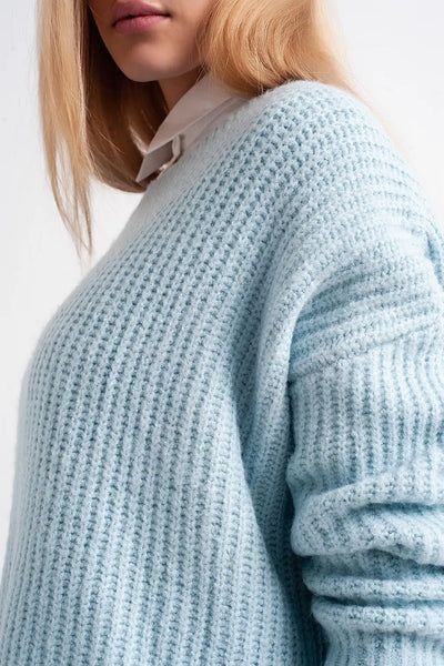 Turquoise round neck boyfriend sweater - Sweaters