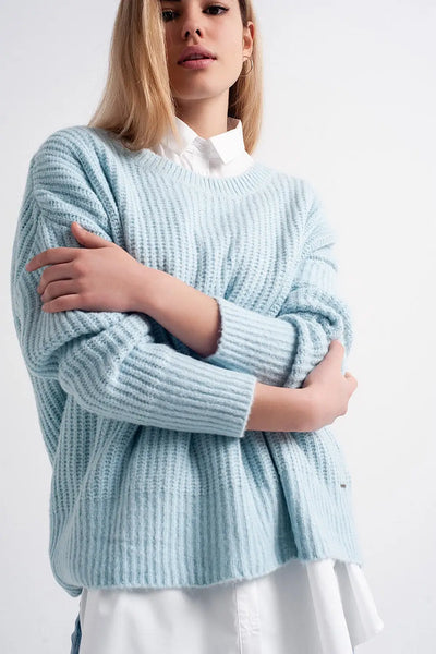 Turquoise round neck boyfriend sweater - Sweaters