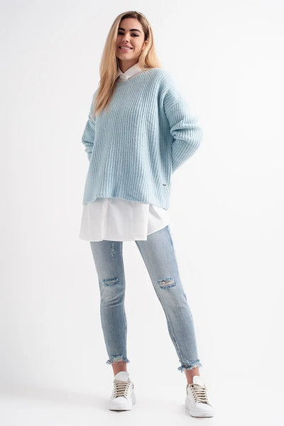 Turquoise round neck boyfriend sweater - Sweaters