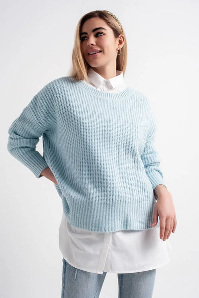 Turquoise round neck boyfriend sweater - Sweaters