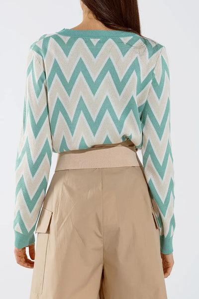 Turquoise sweater with zig zag print in Beige with white details - One Size / Green - Sweaters