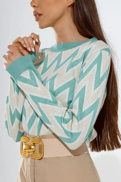 Turquoise sweater with zig zag print in Beige with white details - One Size / Green - Sweaters
