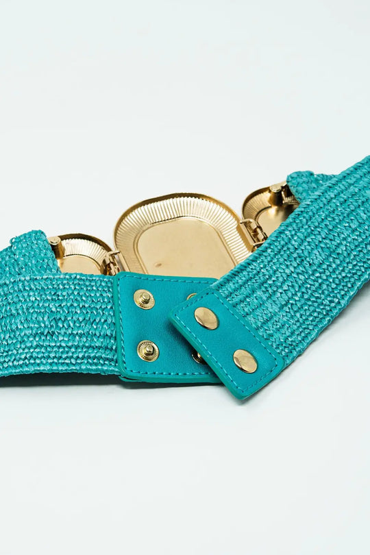 Turquoise Woven Belt With Rectangular Buckle With Beads - One Size / Green - Accesory