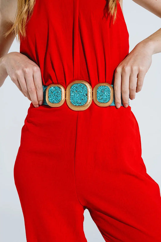 Turquoise Woven Belt With Rectangular Buckle With Beads - One Size / Green - Accesory