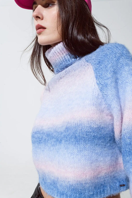 Turtleneck Sweater in Fluffy Knit in Blue And Pink Degrade - Sweaters