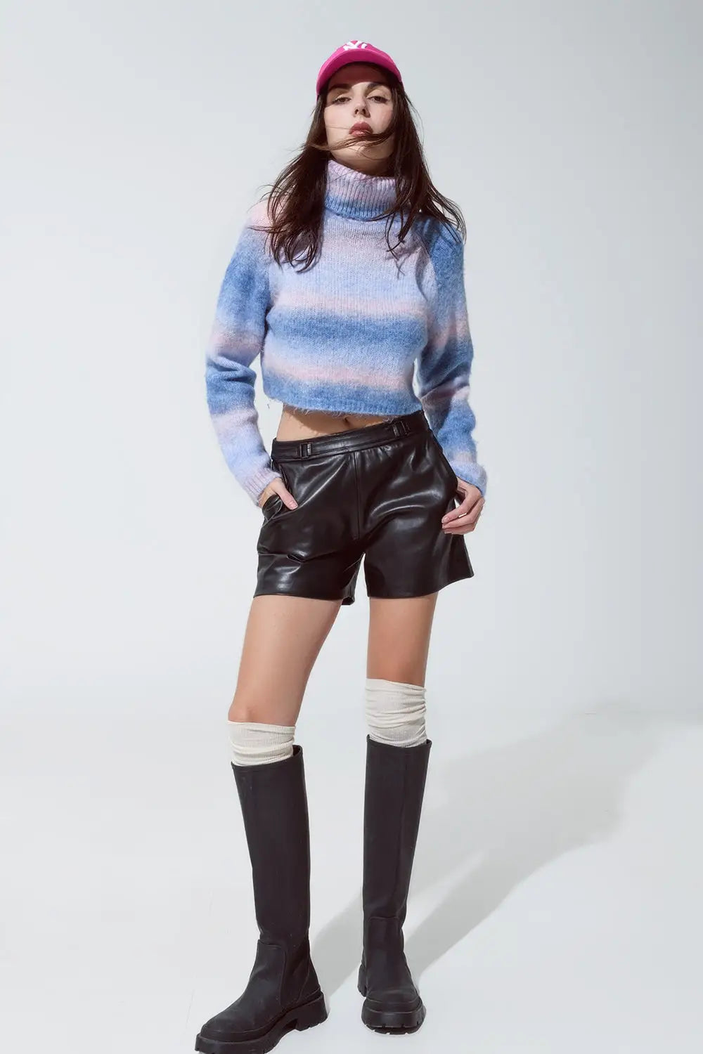 Turtleneck Sweater in Fluffy Knit in Blue And Pink Degrade - Sweaters