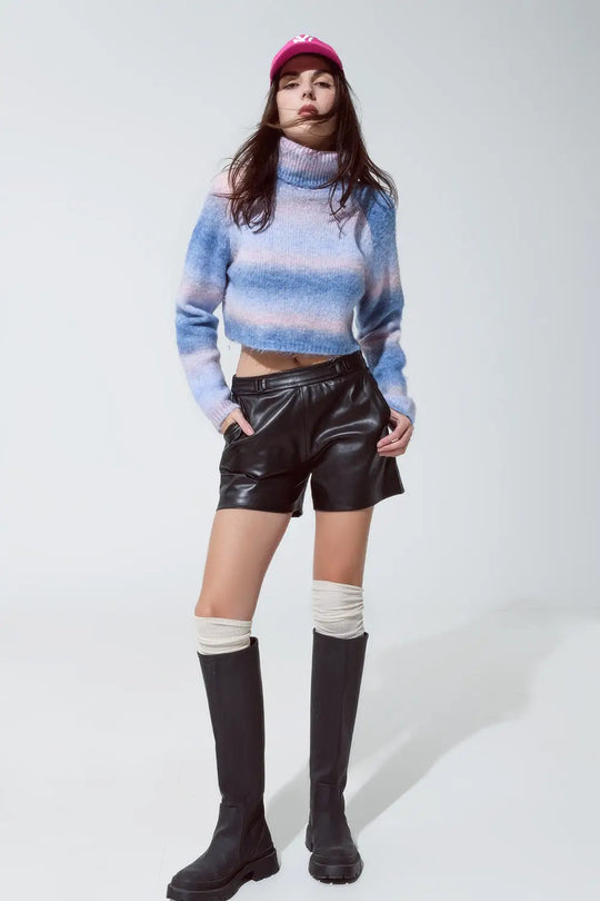 Turtleneck Sweater in Fluffy Knit in Blue And Pink Degrade - Sweaters