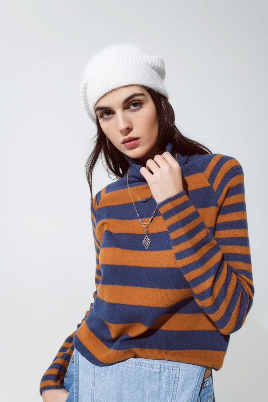 Turtleneck sweater with stripes in blue and brown - Sweaters