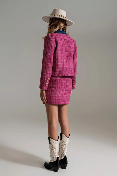 Tweed Cropped Crew Neck Jacket in Pink - Coats and Jackets