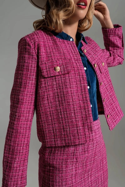 Tweed Cropped Crew Neck Jacket in Pink - Coats and Jackets