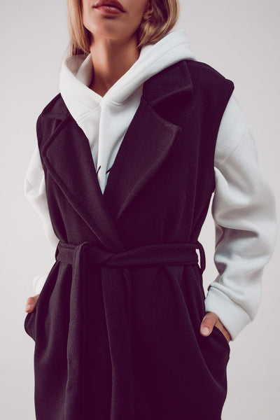 Ultra longline belted gilet in black