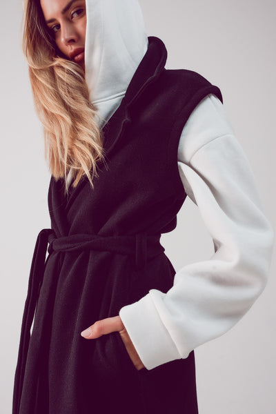Ultra longline belted gilet in black