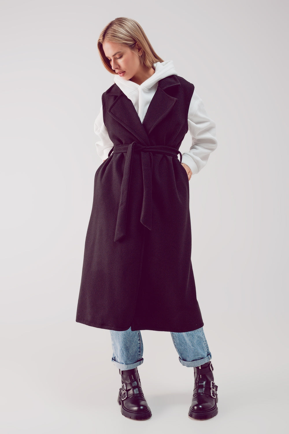 Ultra longline belted gilet in black